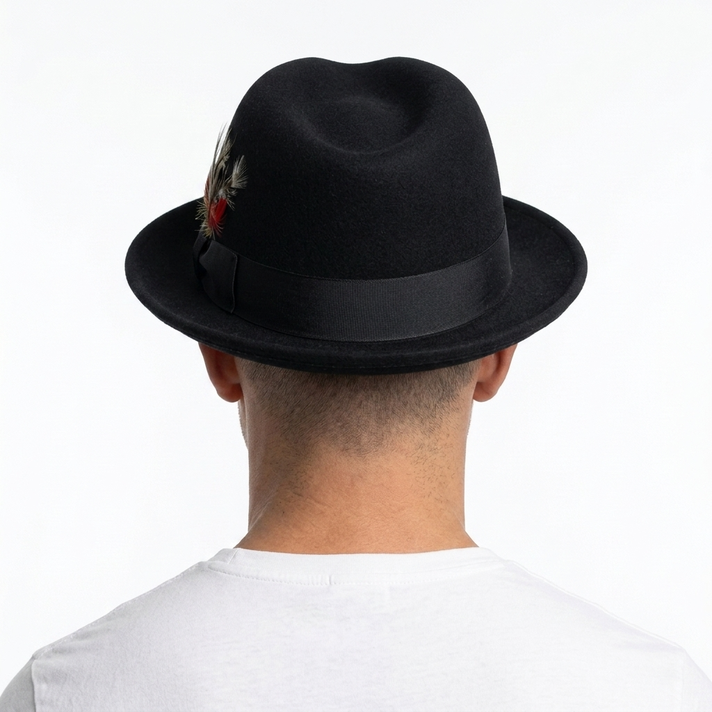 Men's Black Wool Felt Fedora Hat with Ribbon Band & Feather Accent