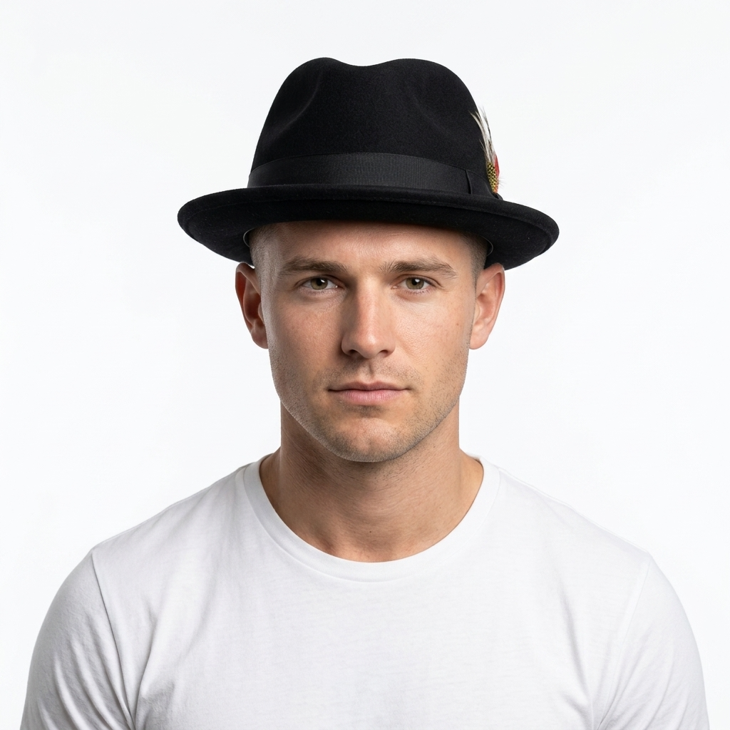 Men's Black Wool Felt Fedora Hat with Ribbon Band & Feather Accent