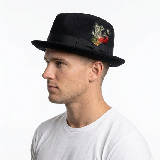 Men's Black Wool Felt Fedora Hat with Feather