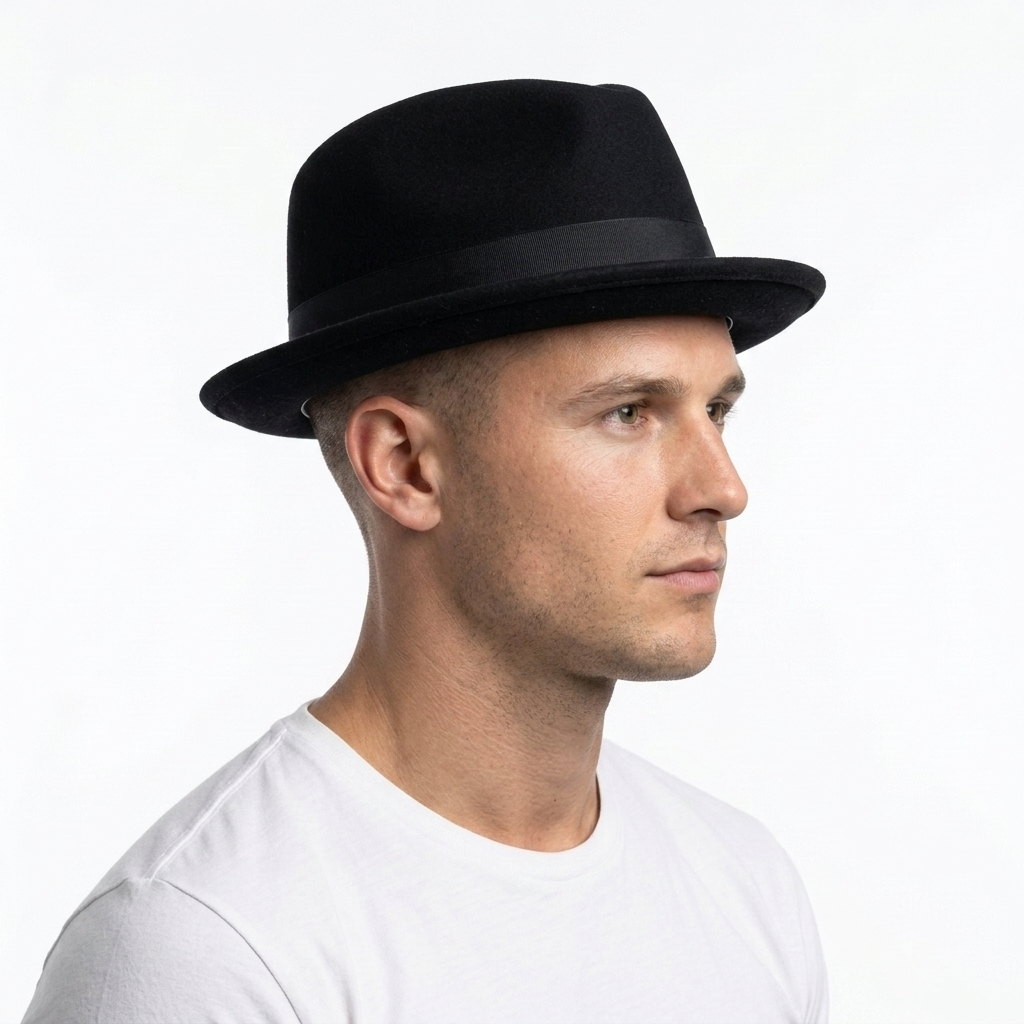 Men's Black Wool Felt Fedora Hat with Ribbon Band & Feather Accent