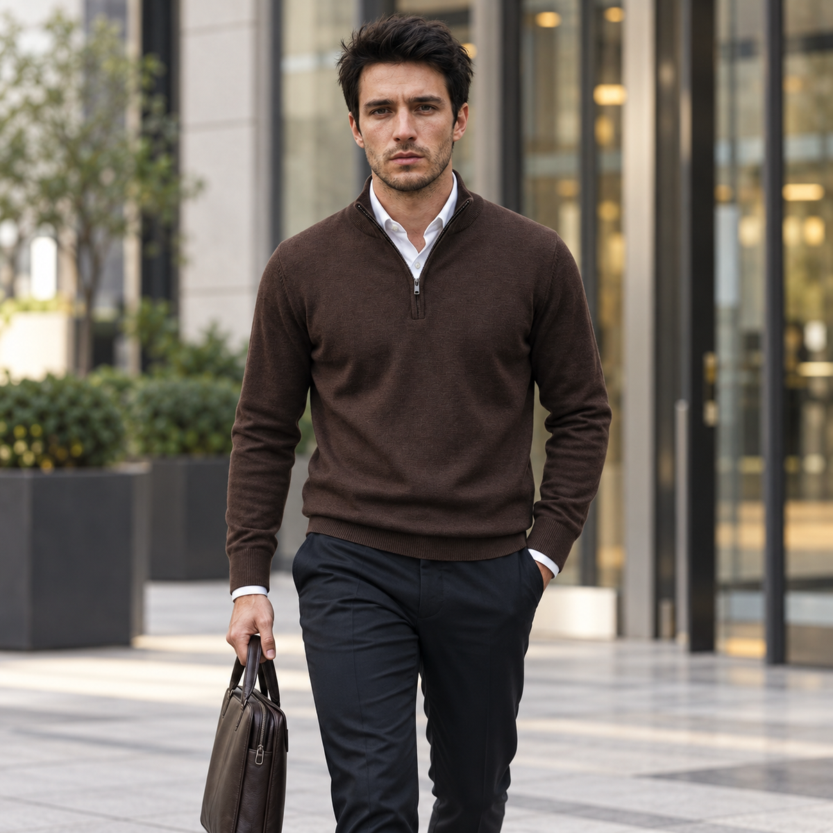 Lazy Crazy London Men's Quarter Zip Jumper - Dark Brown