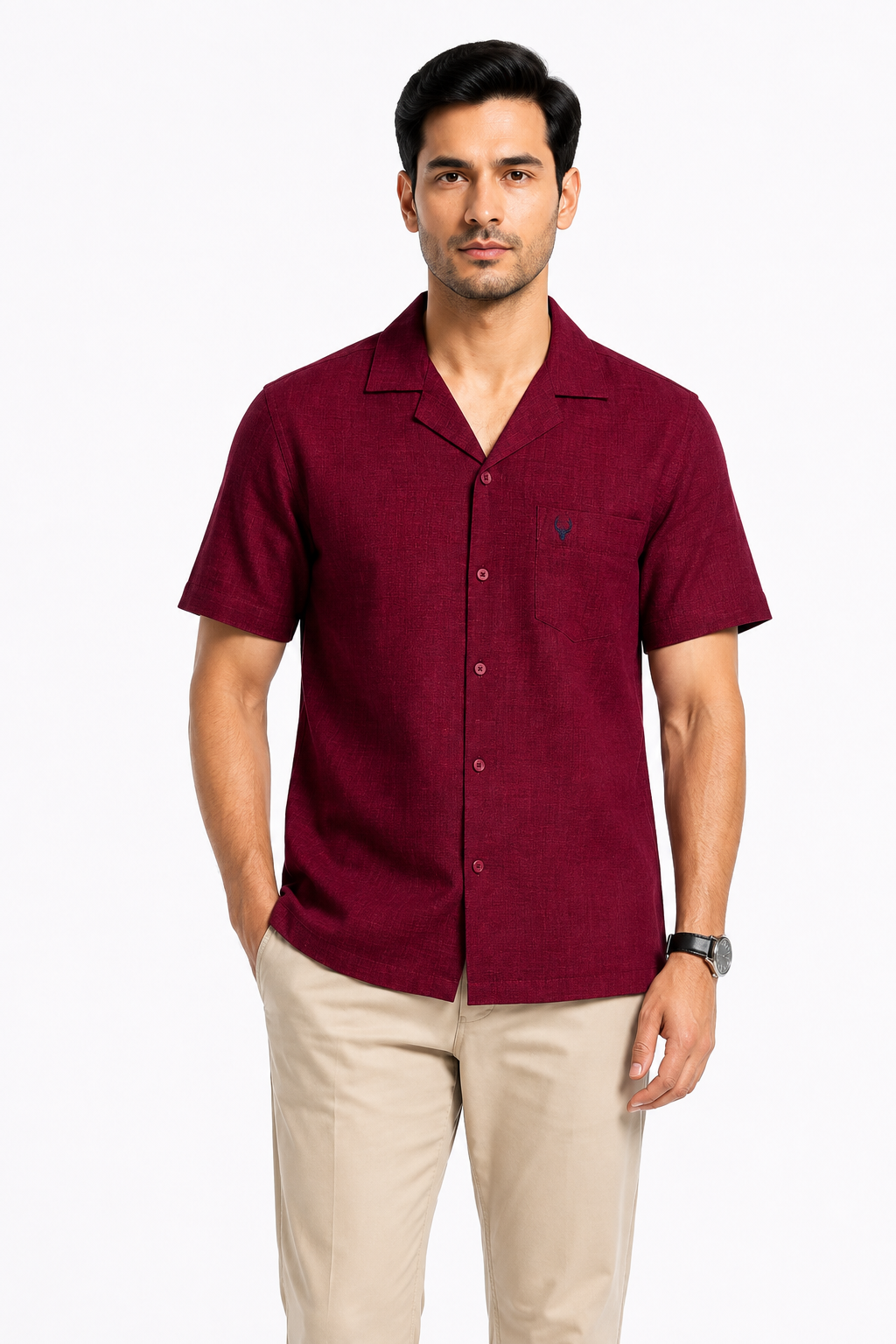 Men’s Premium Linen Cuban Collar Shirt – Maroon