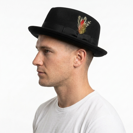 Men's Black Wool Felt Fedora Hat with Feather Accent