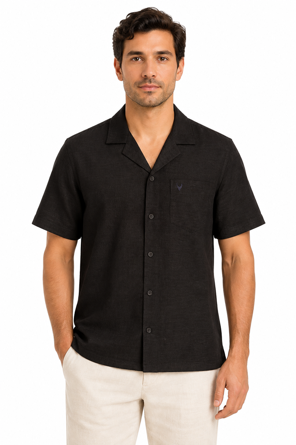 Men’s Premium Linen Cuban Collar Shirt – Black