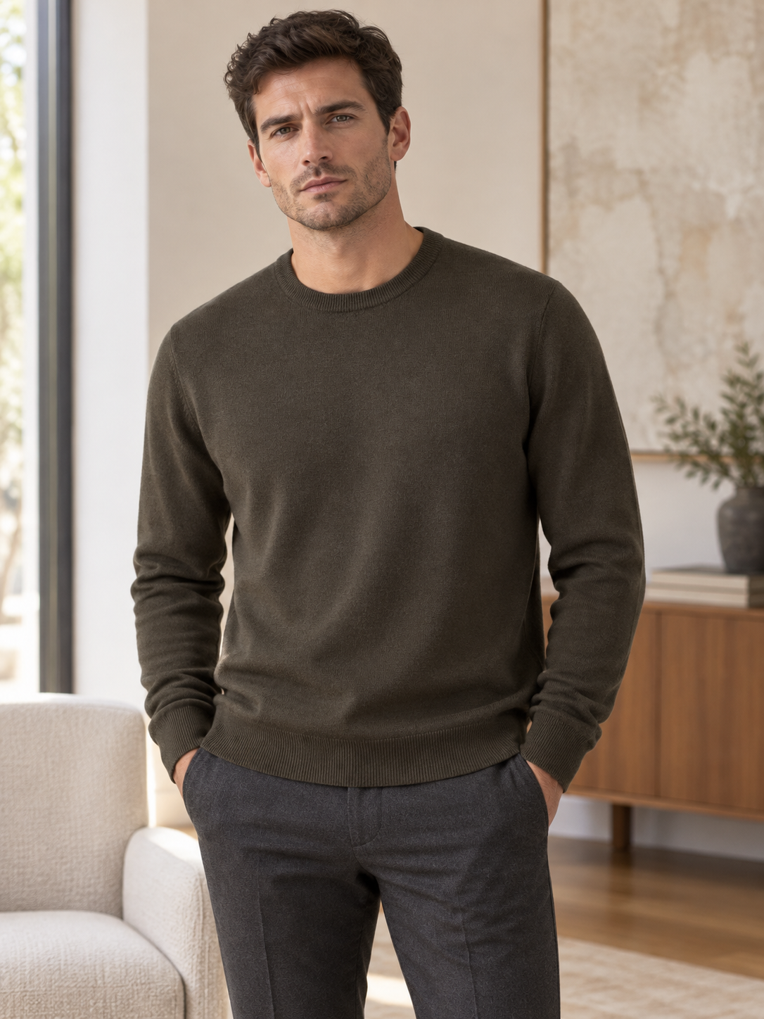 Lazy Crazy London Men's Crew Neck Jumper - Olive Green