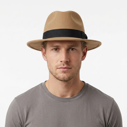 Men's Tan Crushable 100% Wool Wide Brim Fedora Hat