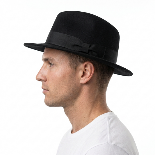Men's Black Crushable 100% Wool Wide Brim Fedora Hat
