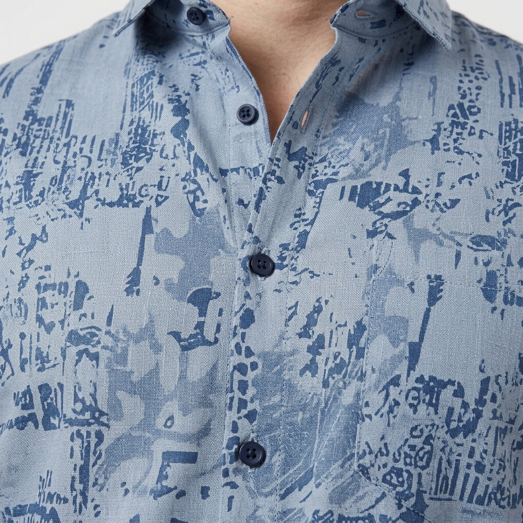 Men's cotton half sleeve abstract print summer beach travel casual shirt BLUE