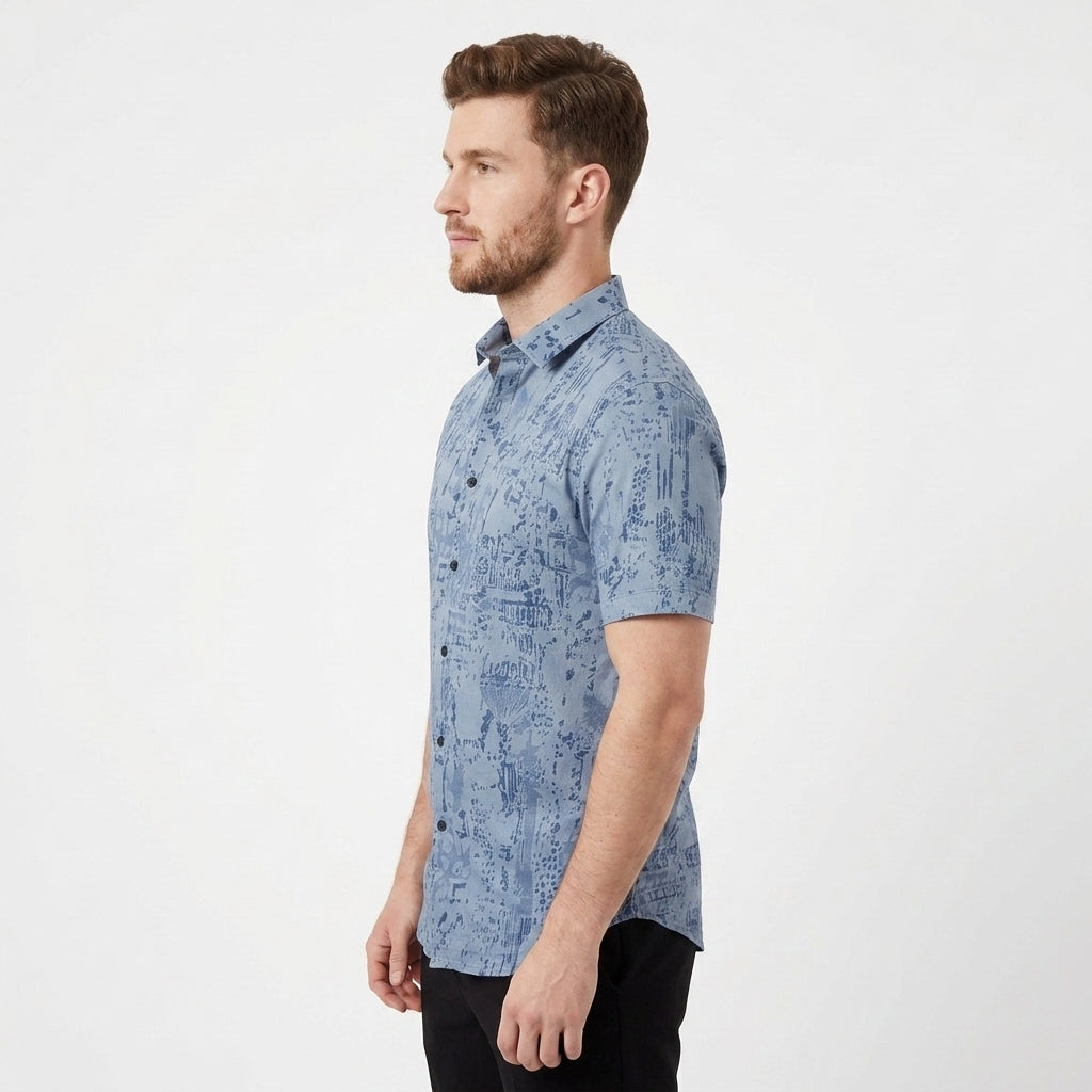 Men's cotton half sleeve abstract print summer beach travel casual shirt BLUE
