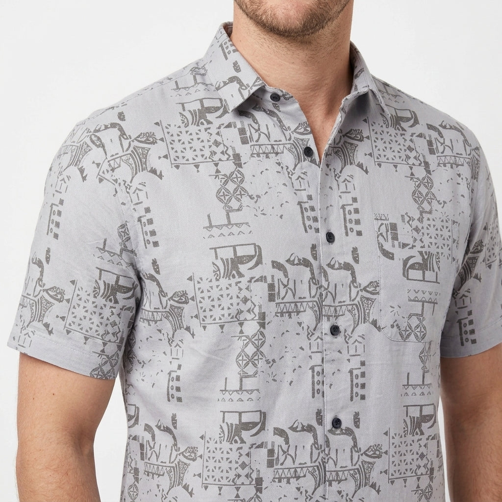 Men's cotton half sleeve abstract print summer beach travel casual shirt GREY