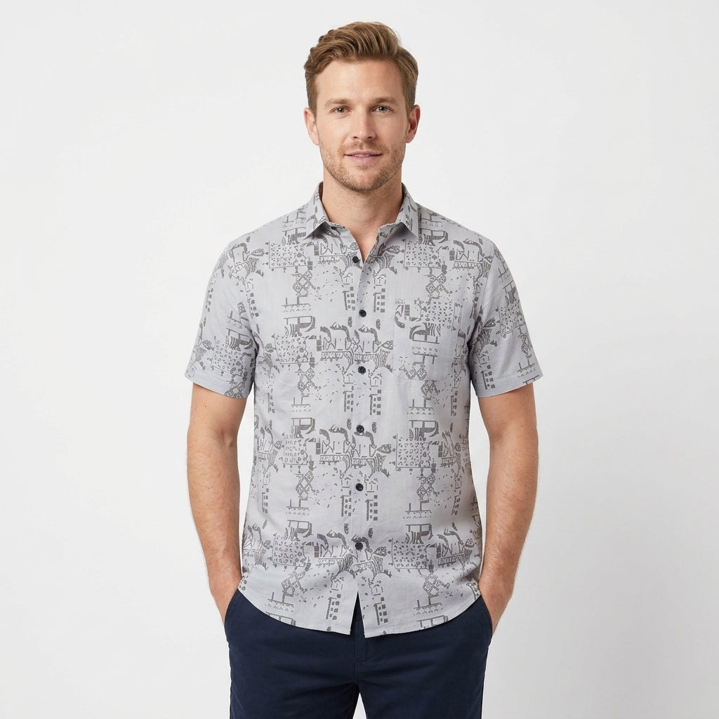 Men's cotton half sleeve abstract print summer beach travel casual shirt GREY