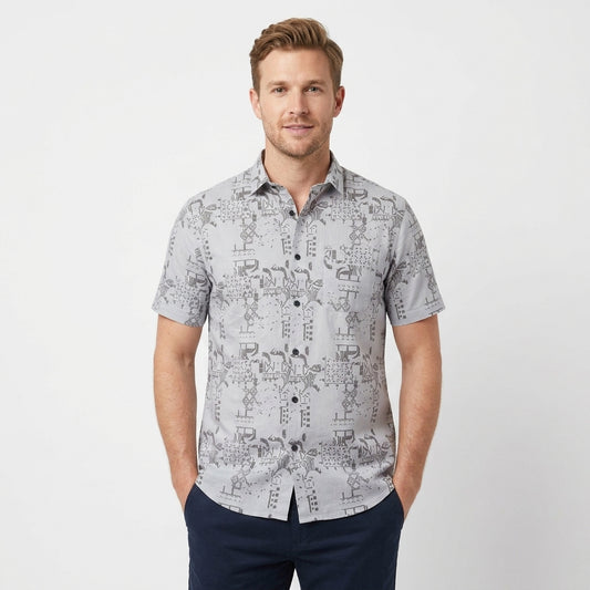Men's Cotton Half Sleeve Abstract Print Shirt - Grey