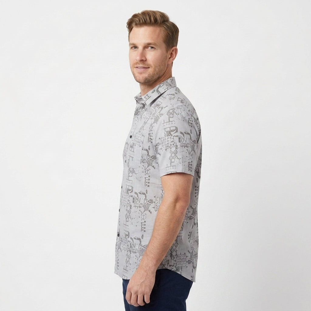 Men's cotton half sleeve abstract print summer beach travel casual shirt GREY