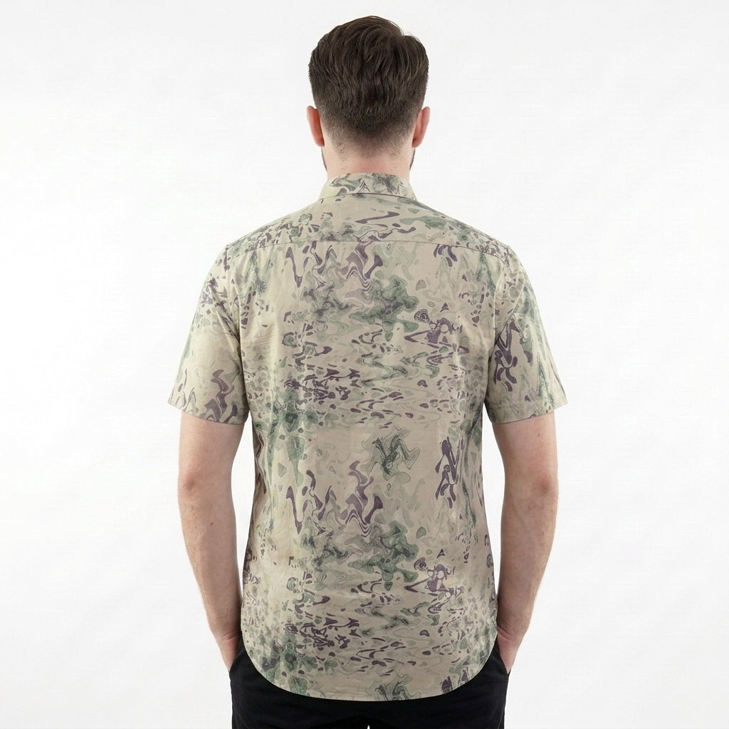Men's printed short sleeve party beach wear summer satin shirt GREEN