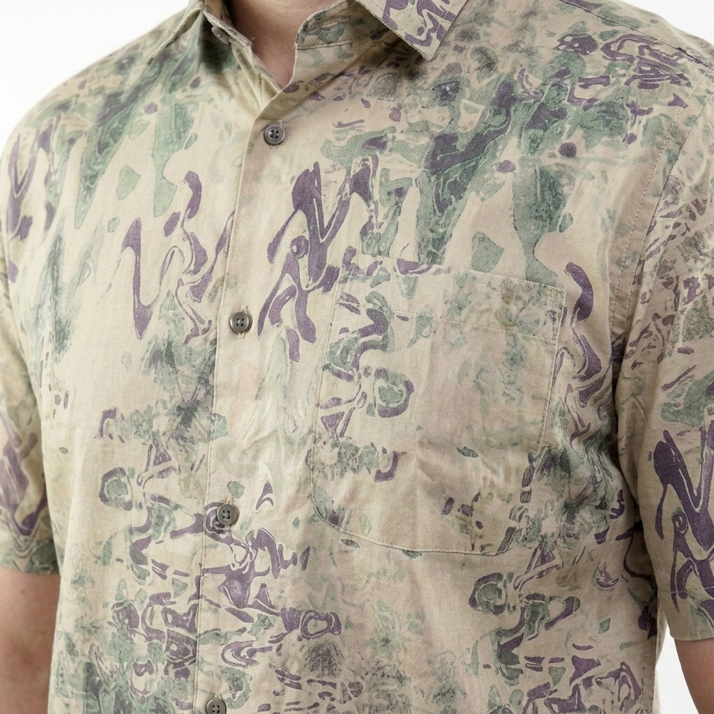Men's printed short sleeve party beach wear summer satin shirt GREEN