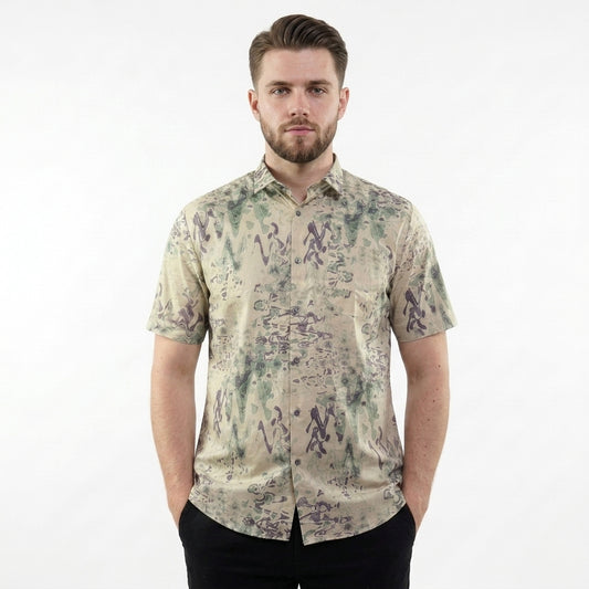 Men's Satin Short Sleeve Camouflage Print Shirt - Green