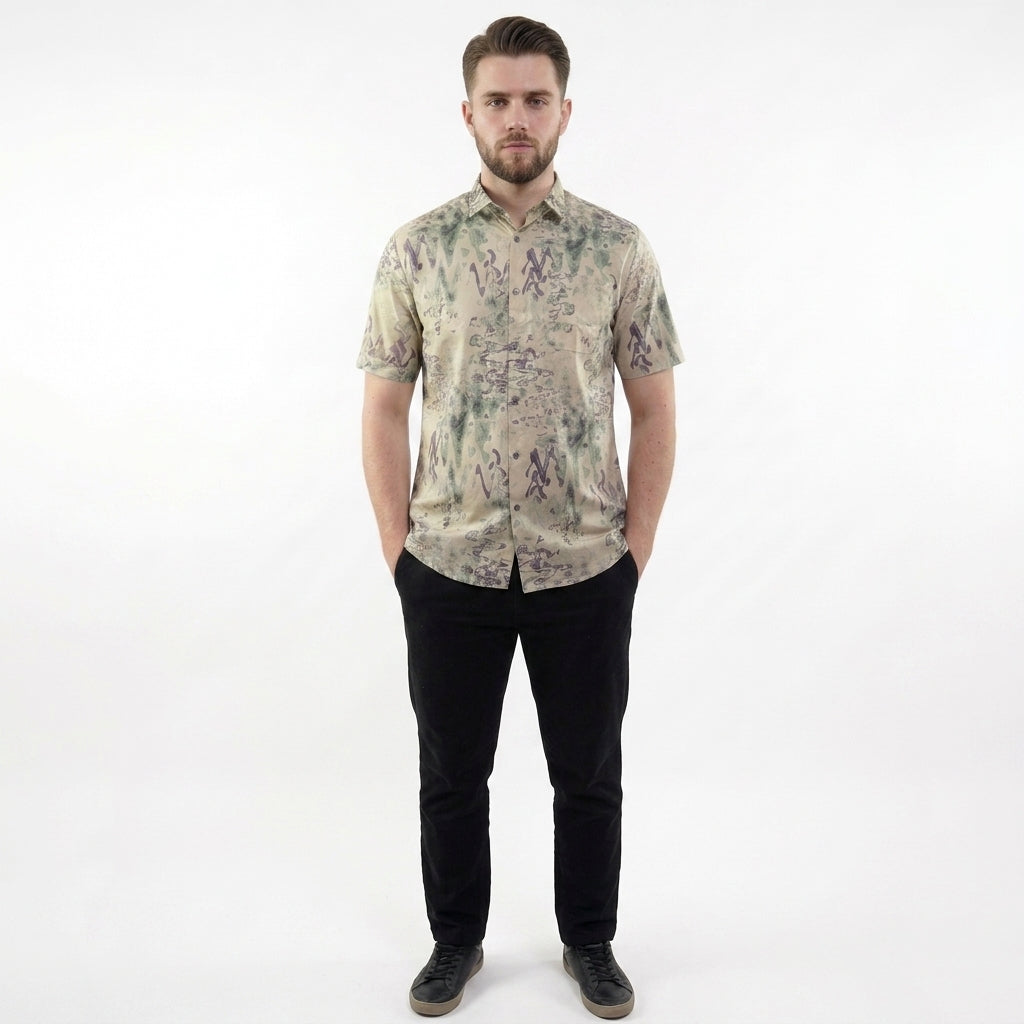 Men's printed short sleeve party beach wear summer satin shirt GREEN