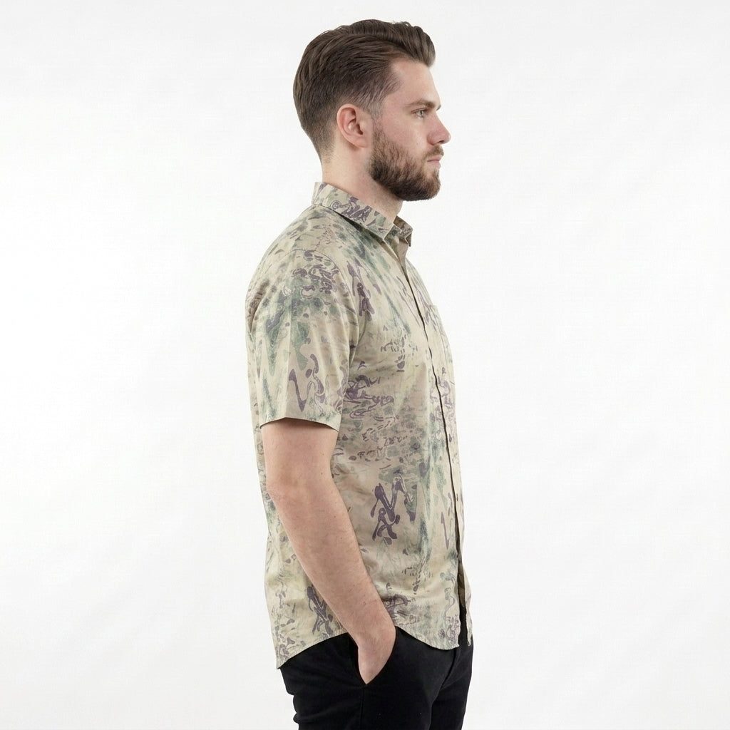 Men's printed short sleeve party beach wear summer satin shirt GREEN