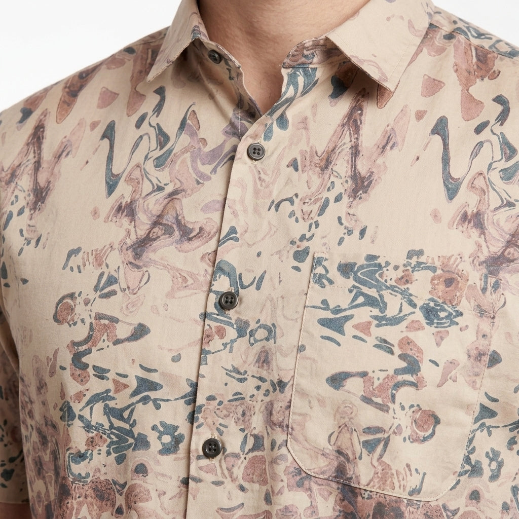 Men's printed short sleeve party beach wear summer satin shirt PEACH