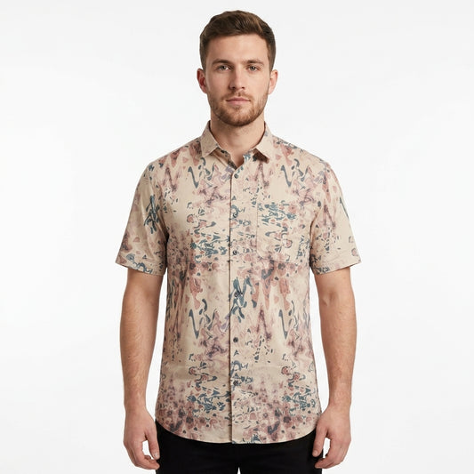 Men's Satin Short Sleeve Camouflage Print Shirt - Peach