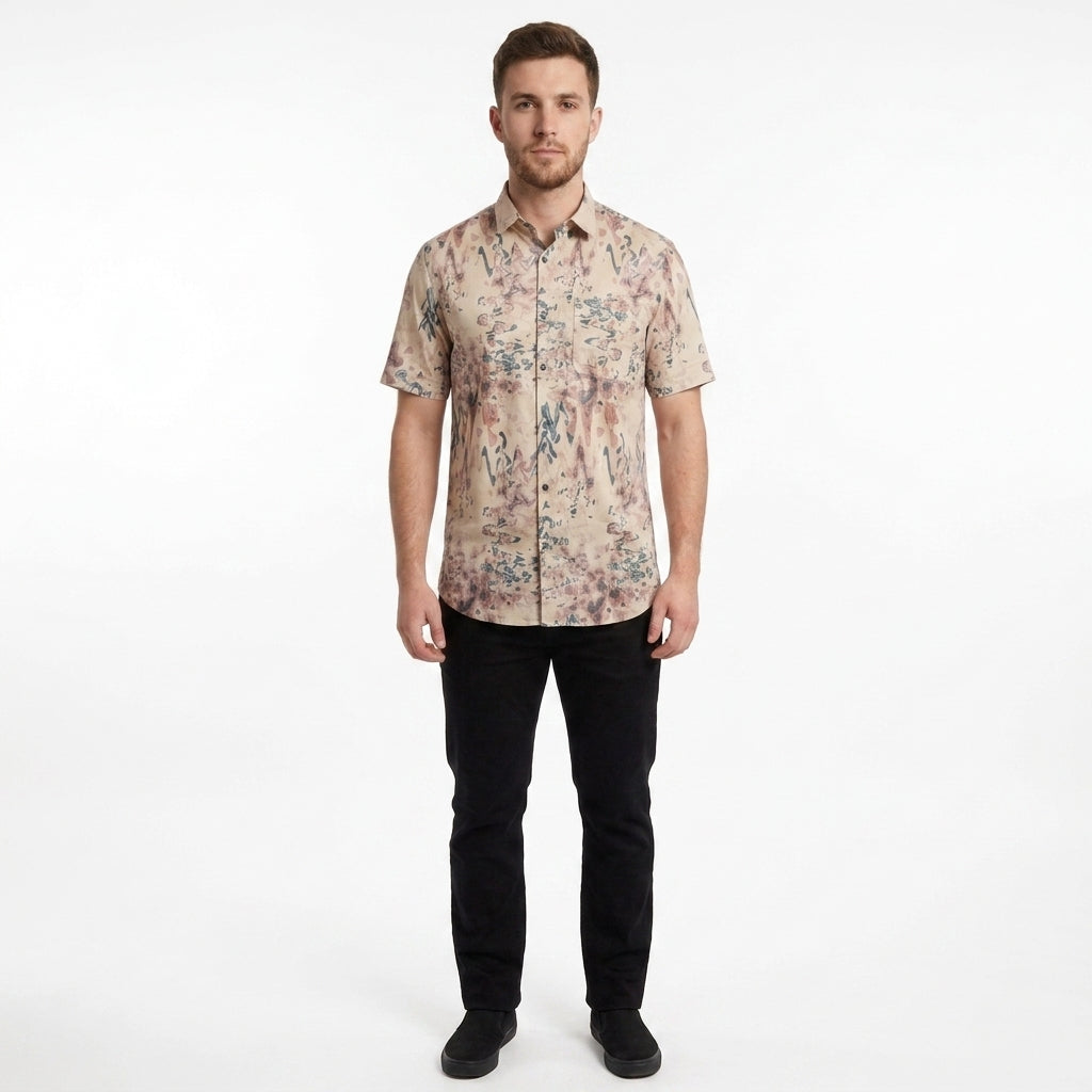 Men's printed short sleeve party beach wear summer satin shirt PEACH