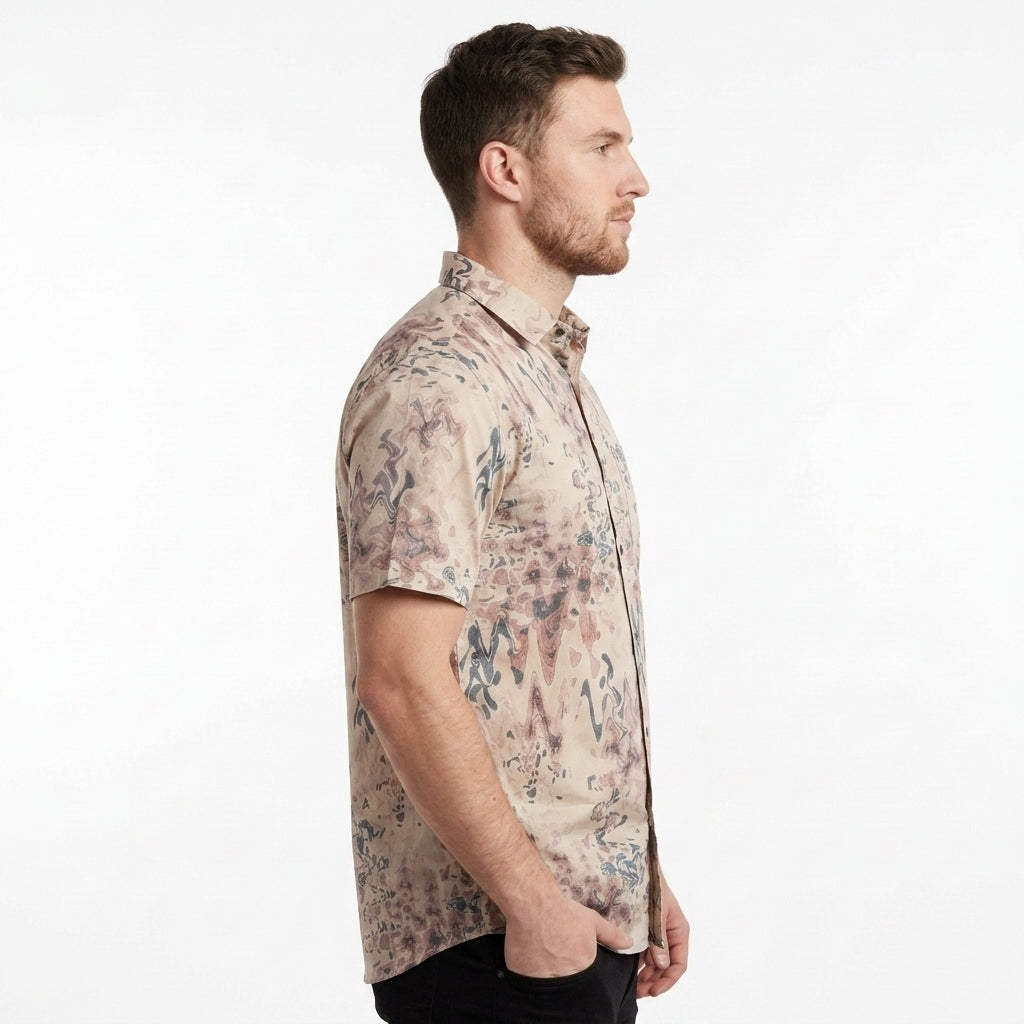 Men's printed short sleeve party beach wear summer satin shirt PEACH
