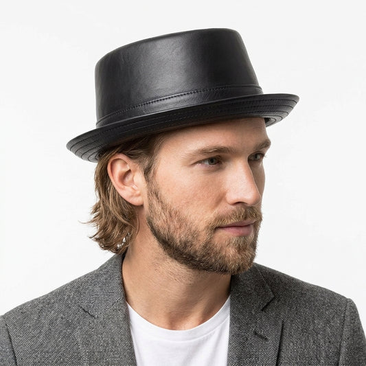 Men's Classic Faux Leather Pork Pie Hat – Black