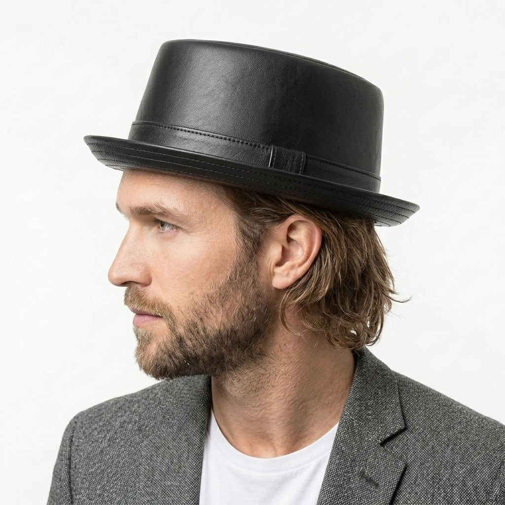 Men's Classic Faux Leather Pork Pie Hat – Black