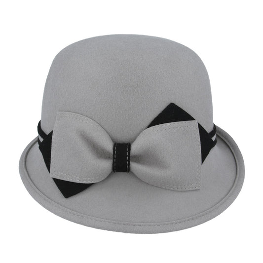 Ladies Chic Vintage Wool Cloche Hat with Flower, Bow & Strap Belt – Grey