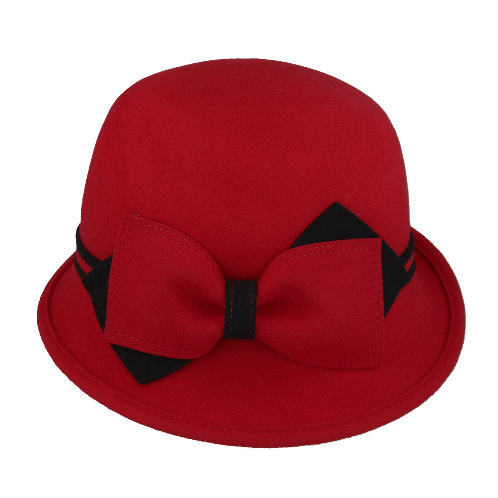 Ladies Chic Vintage Wool Cloche Hat with Flower, Bow & Strap Belt – Red