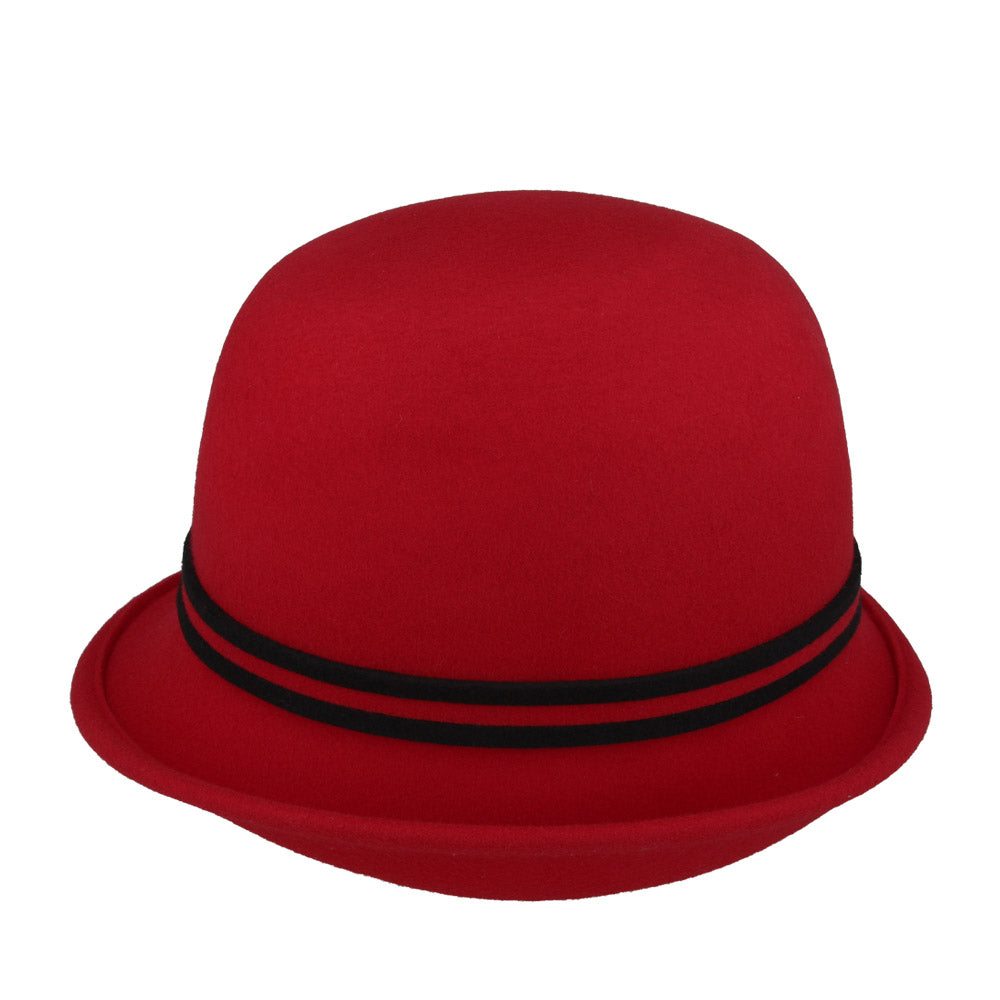 Ladies Chic Vintage Wool Cloche Hat with Flower, Bow & Strap Belt – Red