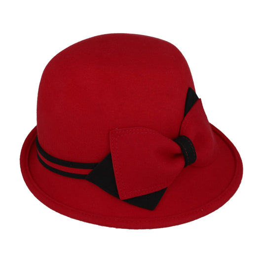 Ladies Chic Vintage Wool Cloche Hat with Flower, Bow & Strap Belt – Red