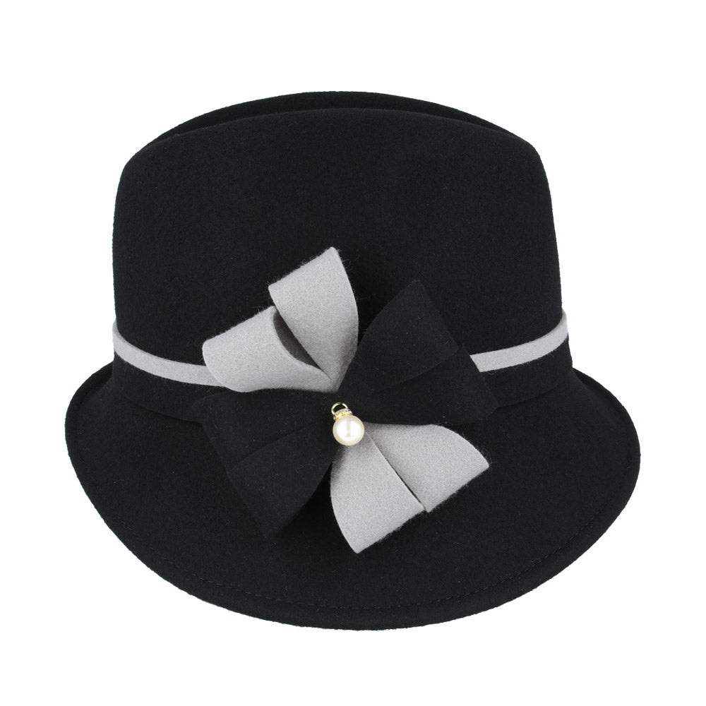 Ladies Chic Vintage Wool Cloche Hat with Flower, Bow & Strap Belt – Black