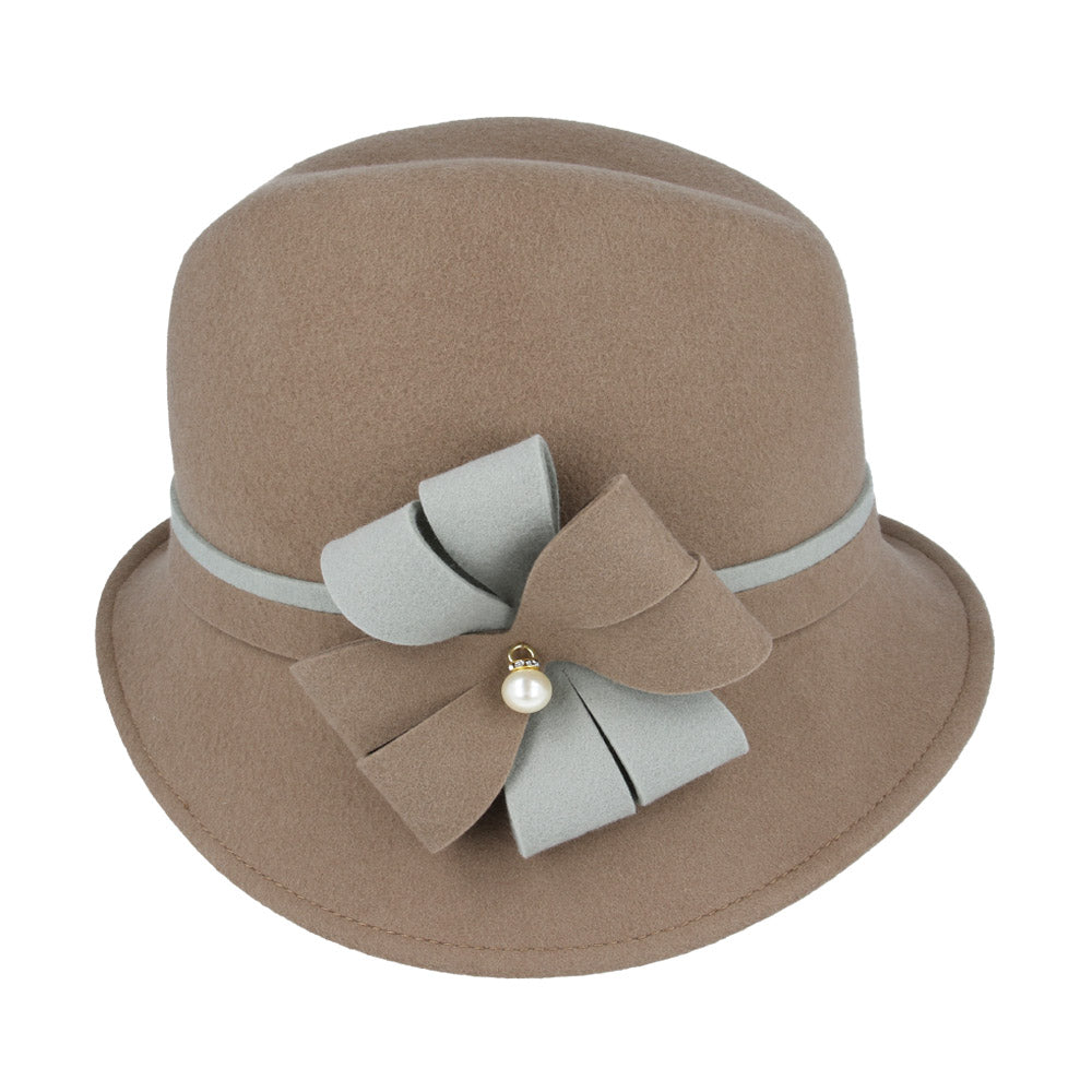 Ladies Chic Vintage Wool Cloche Hat with Flower, Bow & Strap Belt – Tan