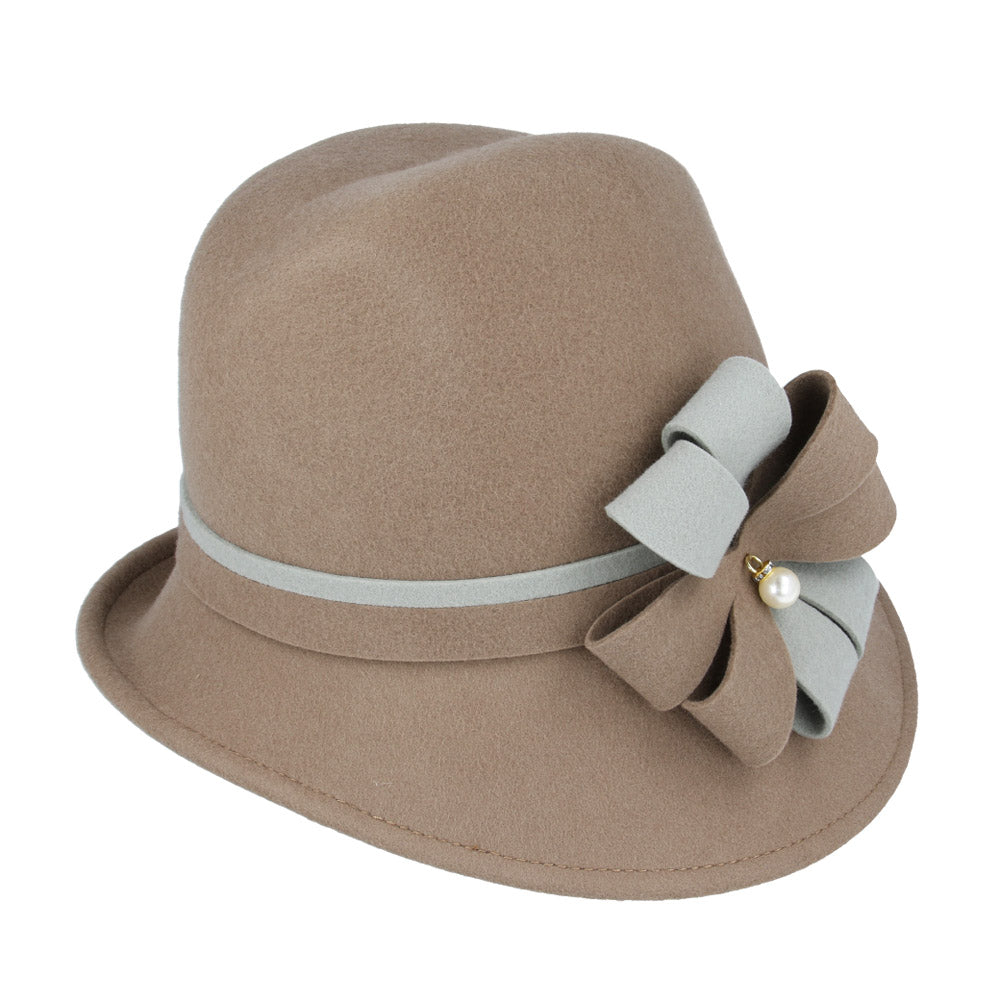 Ladies Chic Vintage Wool Cloche Hat with Flower, Bow & Strap Belt – Tan