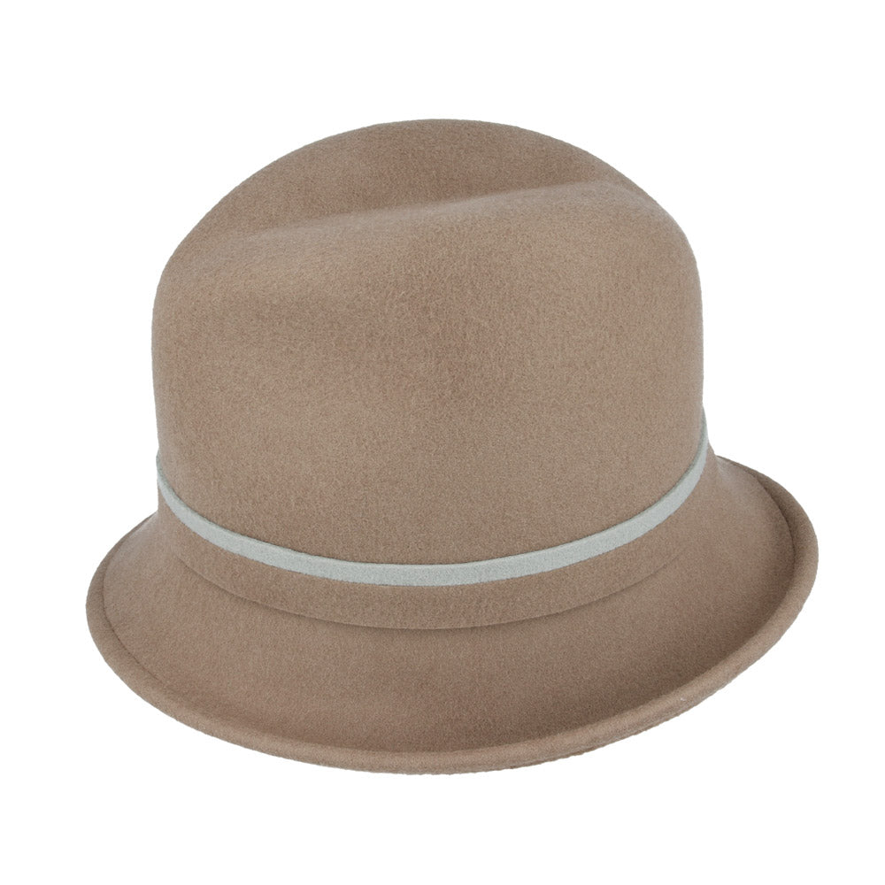 Ladies Chic Vintage Wool Cloche Hat with Flower, Bow & Strap Belt – Tan