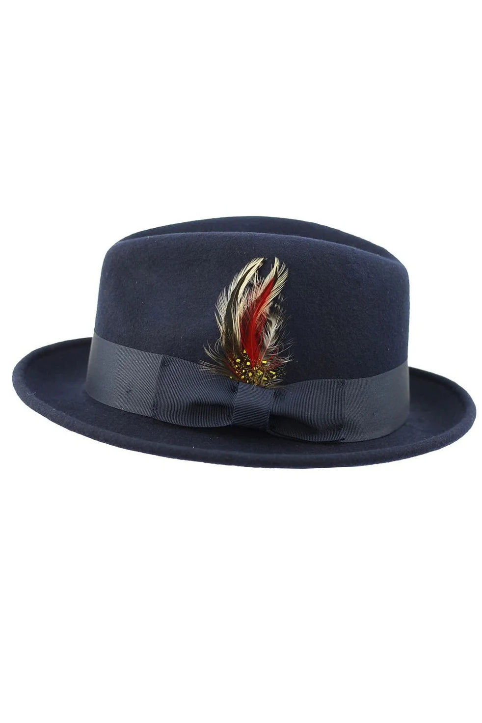 Men’s Navy Wool Felt Fedora Hat with Feather