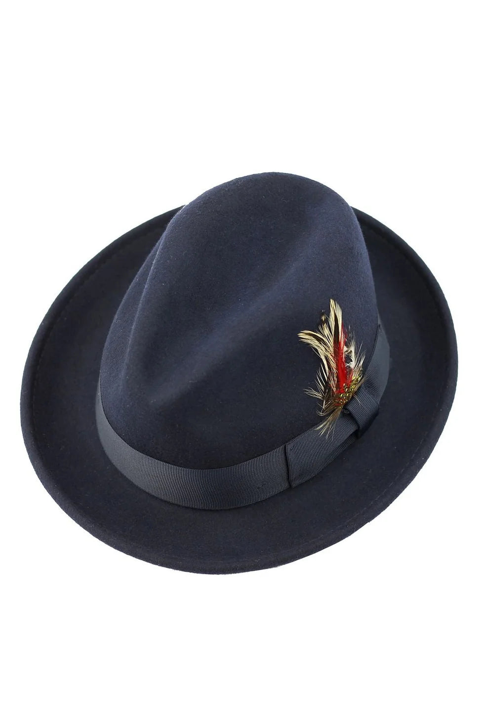 Men’s Navy Wool Felt Fedora Hat with Feather