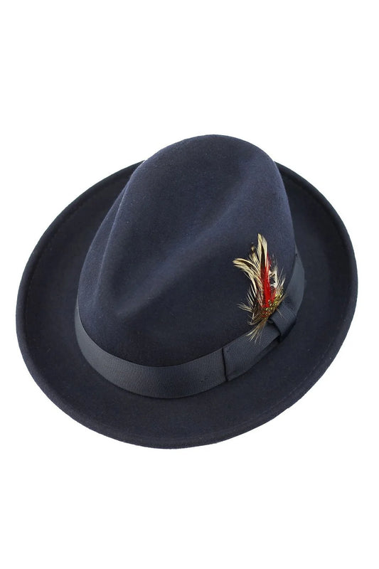 Men’s Navy Wool Felt Fedora Hat with Feather