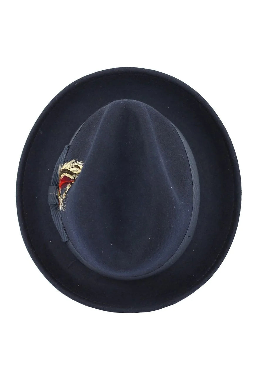 Men’s Navy Wool Felt Fedora Hat with Feather