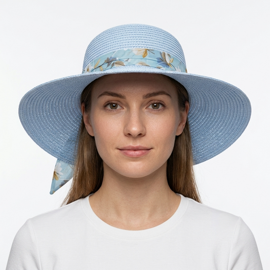 Women's Straw Sun Hat with Paisley Bow – Blue