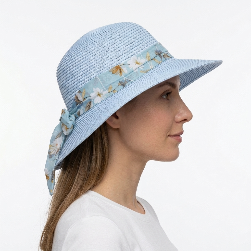 Women's Summer Straw Sun Hat with Paisley Bow – Blue