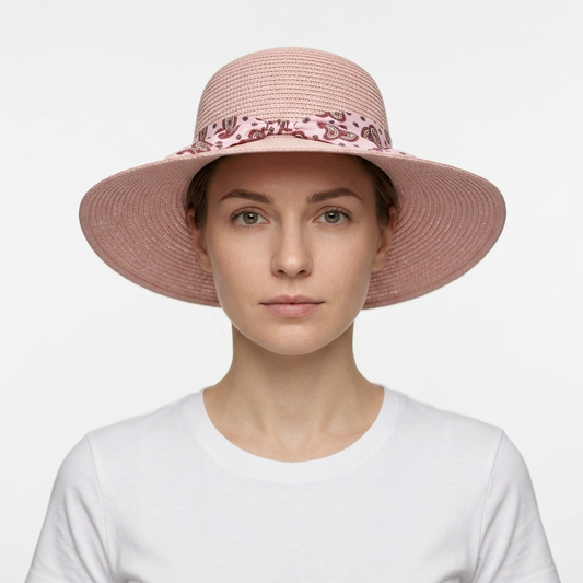 Women's Straw Sun Hat with Paisley Bow – Pink
