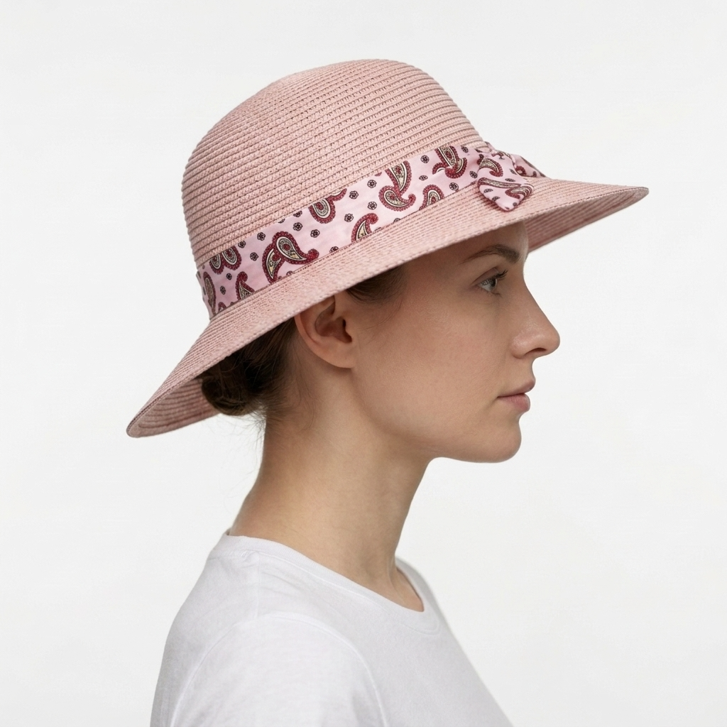 Women's Summer Straw Sun Hat with Paisley Bow – Pink