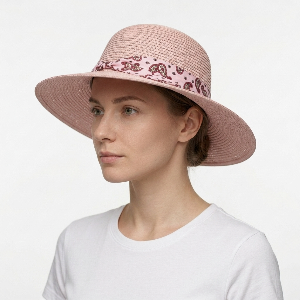 Women's Summer Straw Sun Hat with Paisley Bow – Pink