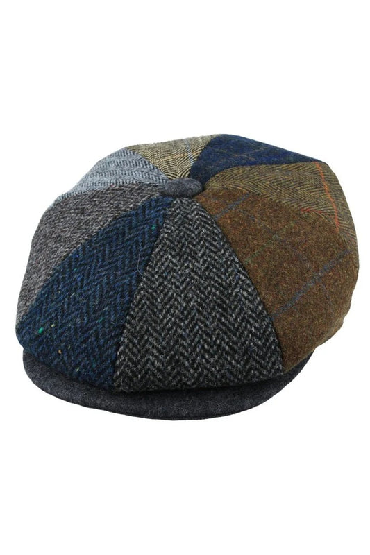 Multi-Colour Tweed Wool Blend Patchwork Newsboy Cap, Herringbone and Check Pattern, Men's