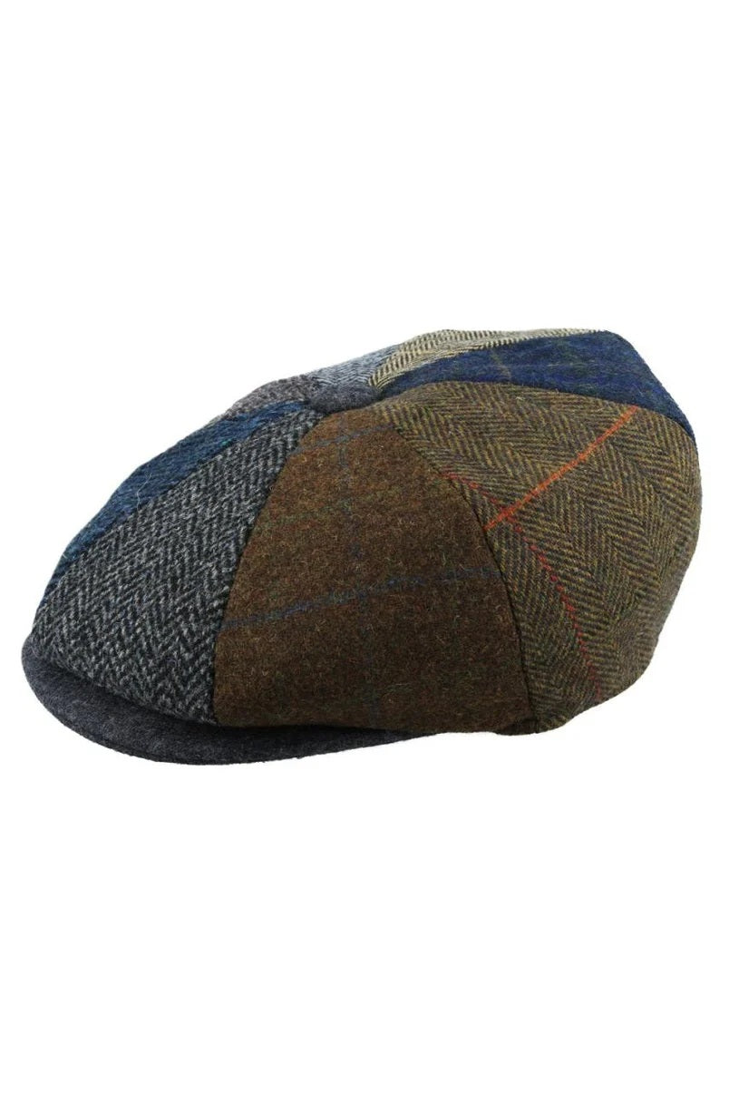 Multi-Colour Tweed Wool Blend Patchwork Newsboy Cap, Herringbone and Check Pattern, Men's
