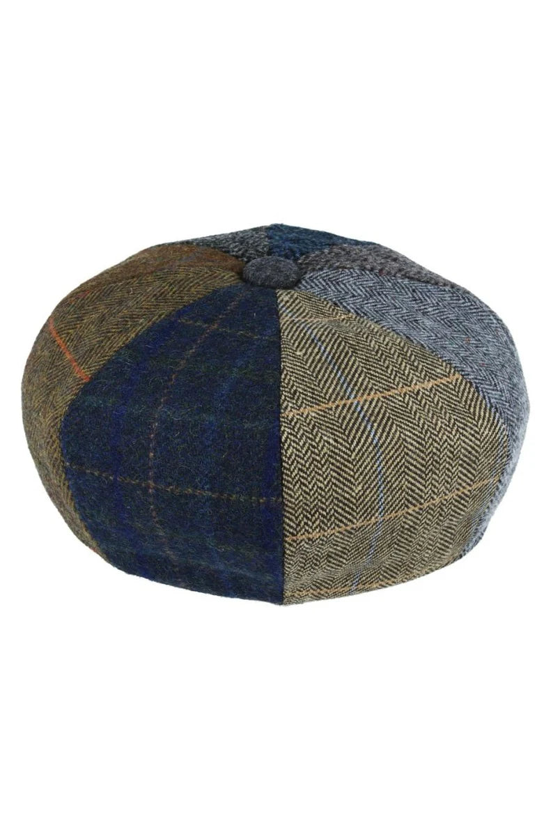 Multi-Colour Tweed Wool Blend Patchwork Newsboy Cap, Herringbone and Check Pattern, Men's