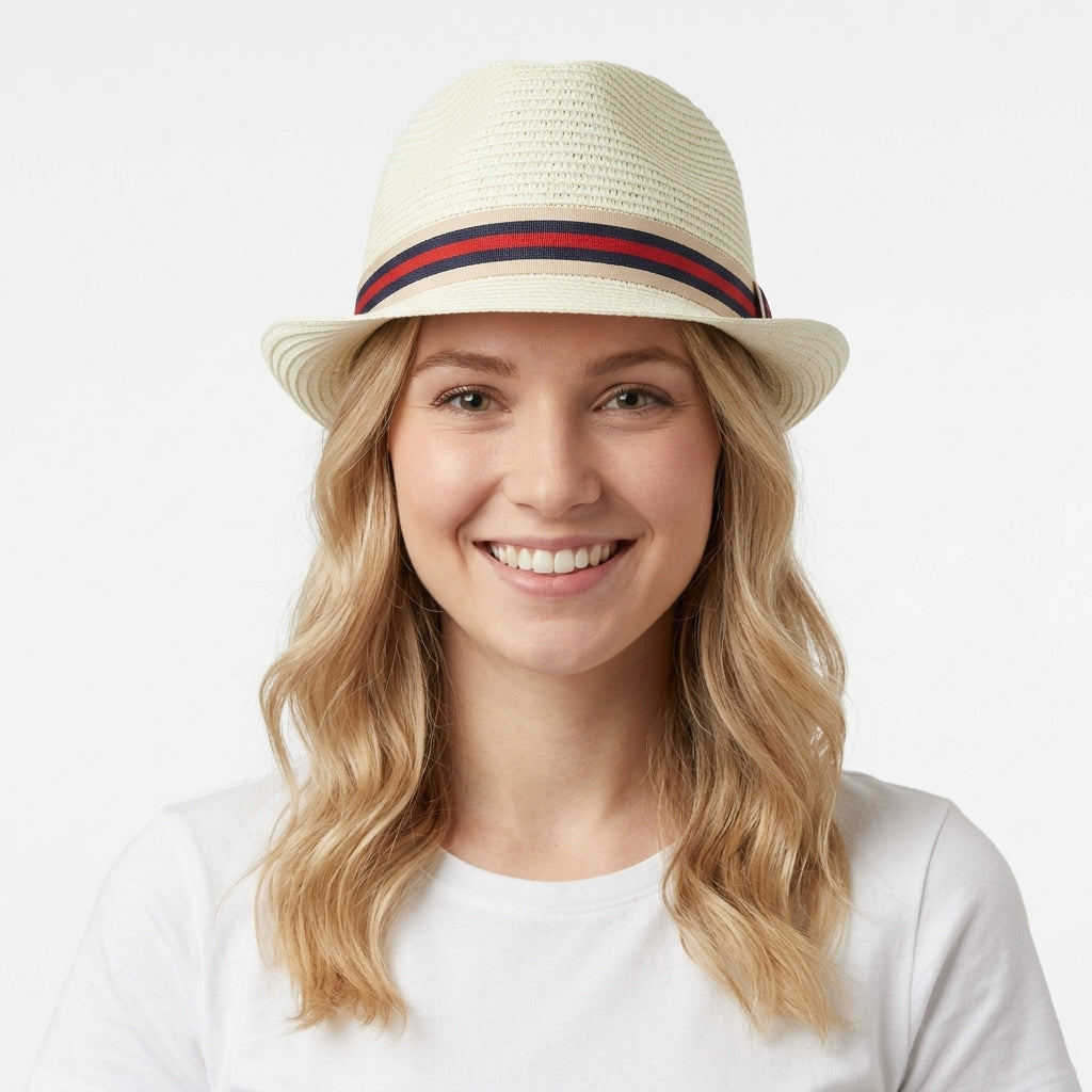 Unisex Natural Beige Straw Fedora Hat with Striped Band