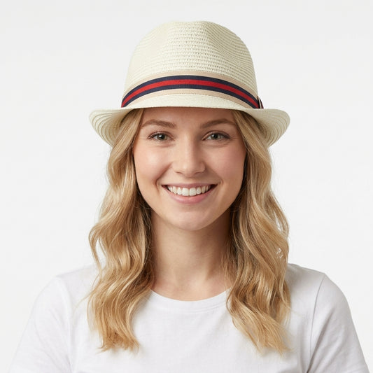Unisex Natural Beige Straw Fedora Hat with Striped Band